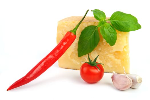An image of cheese, tomato, pepper, garlic and basil