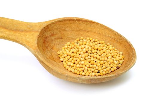 An image of seeds of mustard on wooden spoon