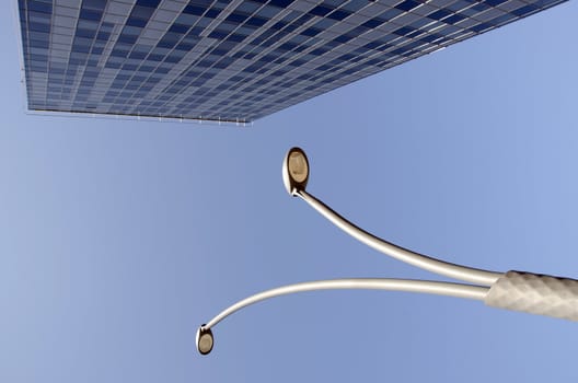 High glass building and street lights in blue sky.