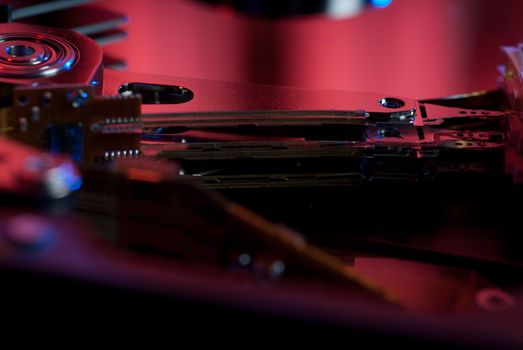 Extreme closeup of hard drive read heads in a lab