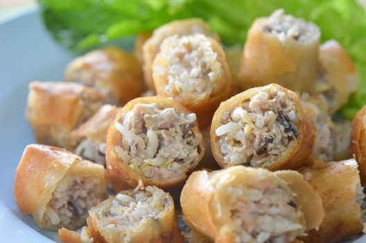  spring rolls on plate served with fresh vegetable
