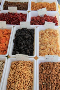 nuts, raisins and dried fruit on a Provencal market in France