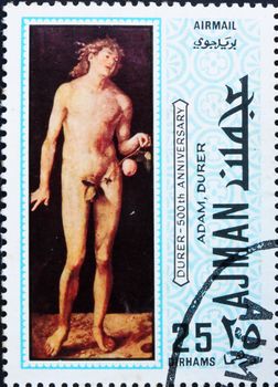 AJMAN - CIRCA 1970: a stamp printed in the Ajman shows Adam, Painting by Albrecht Durer, 500th Anniversary of the Birth, circa 1970