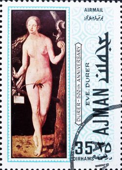 AJMAN - CIRCA 1970: a stamp printed in the Ajman shows Eve, Painting by Albrecht Durer, 500th Anniversary of the Birth, circa 1970