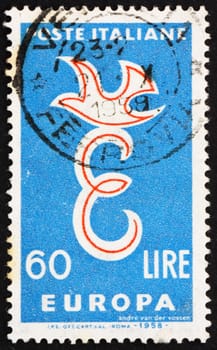ITALY - CIRCA 1958: a stamp printed in the Italy shows E and Dove, European Integration, circa 1958