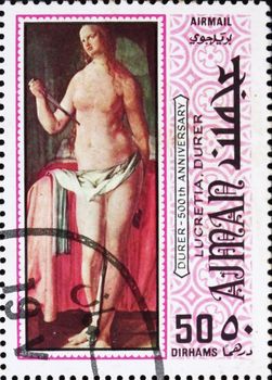 AJMAN - CIRCA 1970: a stamp printed in the Ajman shows Lucretia, Painting by Albrecht Durer, 500th Anniversary of the Birth, circa 1970