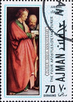 AJMAN - CIRCA 1970: a stamp printed in the Ajman shows The Four Apostles, Detail, Painting by Albrecht Durer, 500th Anniversary of the Birth, circa 1970