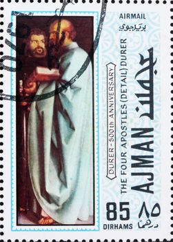 AJMAN - CIRCA 1970: a stamp printed in the Ajman shows The Four Apostles, Detail, Painting by Albrecht Durer, 500th Anniversary of the Birth, circa 1970