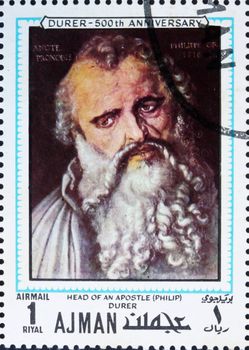 AJMAN - CIRCA 1970: a stamp printed in the Ajman shows Apostle Philip, Painting by Albrecht Durer, 500th Anniversary of the Birth, circa 1970