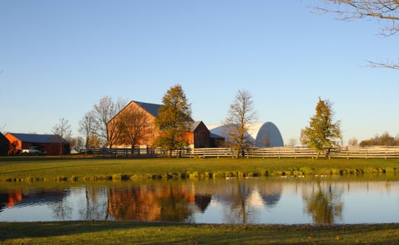 autumn afternoon light with farm and pond