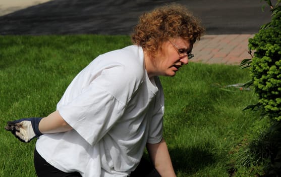 mature woman backache while gardening