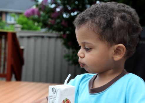 cute little multiracial boy drinking juice