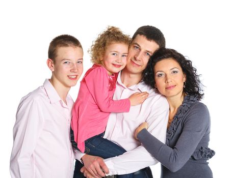 Portrait of happy Caucasian family smiling together on white background