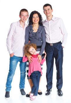 Happy Caucasian family smiling together on white background