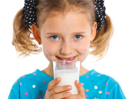 Close up portrait of happy girl with milk mustache, isolated on white.