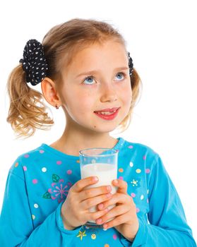 Close up portrait of happy girl with milk mustache, isolated on white.