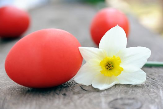 An image of three red eggs and a flower
