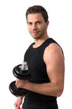 Young attractive man pumping weights in a black tank top