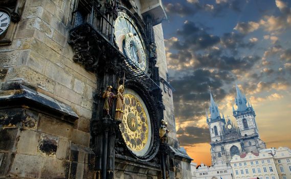 An image of a clock on the tower in Prague