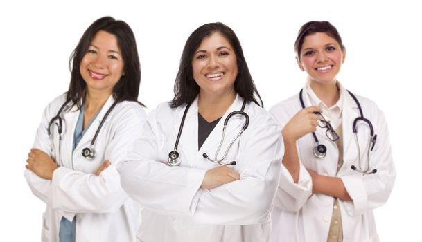 Three Hispanic Female Doctors or Nurses Isolated on a White Background.