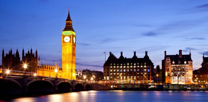 Panorama Landscape of Big Ben and Westminster Bridge with river Thames London England UK