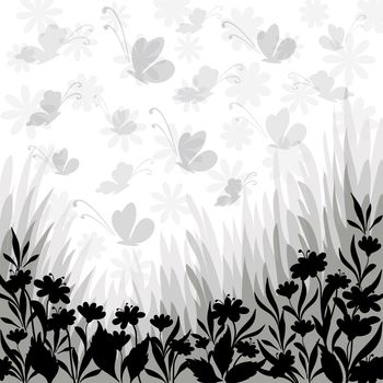 Abstract floral background: flowers, leaves and butterflies, black silhouettes on white background