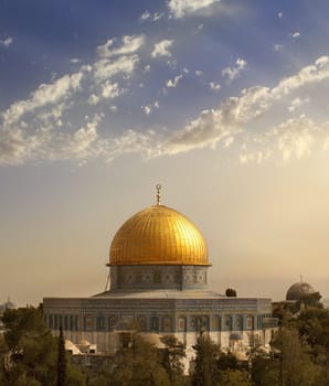 view of the golden Dome of the Rock of Al Aqsa Mosque from the Mount of Olives.Jerusalem, Israel