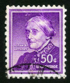USA - CIRCA 1955: A stamp printed in USA shows portrait of Susan Brownell Anthony (February 15, 1820 - March 13, 1906), a fighter for the rights of women, circa 1955