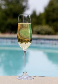 Elegant flute glass of sparkling white wine or champagne by side of swimming pool