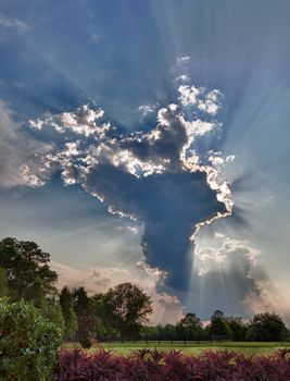 HDR shot of a tall anvil shaped cloud over meadows with sunrays