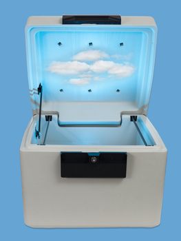 Fire proof safe open and isolated against blue as concept for cloud computing