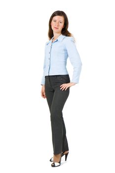 girl in a suit standing on a white background