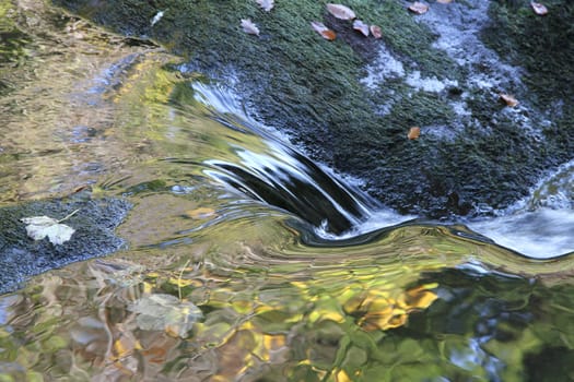 A stretch of silky smooth water with an area of flow and a colourful reflection with green and gold.