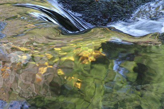 A stretch of silky smooth water with an area of flow and a colourful reflection with green and gold.