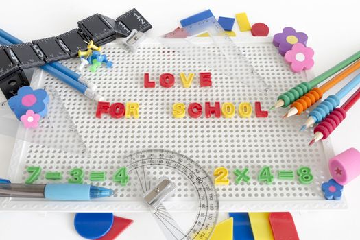 text Love for School on white board with different accessories for school 