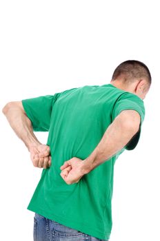 Man suffering from a kidney or back ache pain, isolated on white background