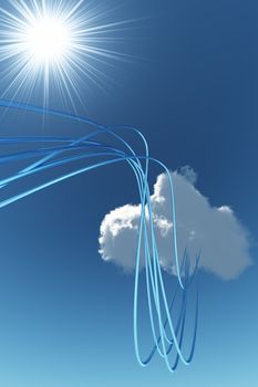 blue metallic cables connected to cloud an environment of bright sky