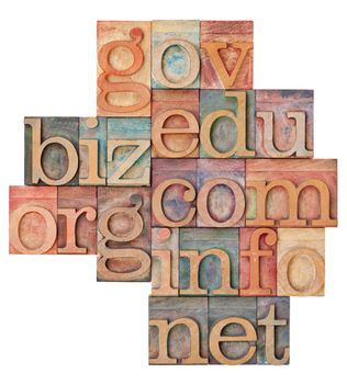 collage of popular internet domain extensions (org, biz, gov, net, info, edu, com) - vintage letterpress wood type, stained by color inks, isolated on white
