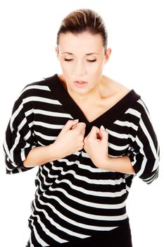 woman having lunge pain, isolated on white background