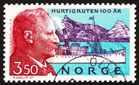 NORWAY - CIRCA 1993: a stamp printed in the Norway shows Richard With, Norwegian Ship Captain, Businessman and Politician, circa 1993