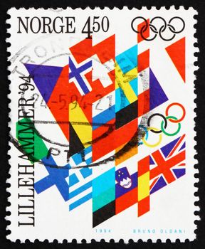 NORWAY - CIRCA 1994: a stamp printed in the Norway shows Flags, Winter Olympic Games, Lillehammer 94, circa 1994