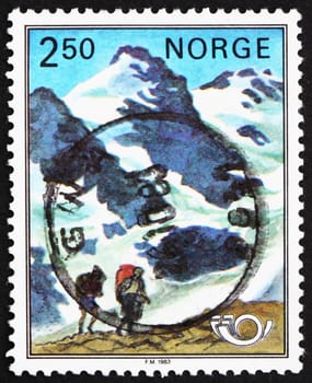 NORWAY - CIRCA 1983: a stamp printed in the Norway shows Mountaineers and Mountains, Nordic Cooperation Issue, circa 1983