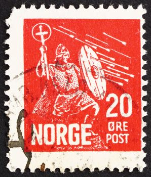NORWAY - CIRCA 1930: a stamp printed in the Norway shows Saint Olaf, King of Norway, Saint of the Catholic Church, circa 1930