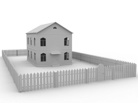 The big gray house behind a fence
