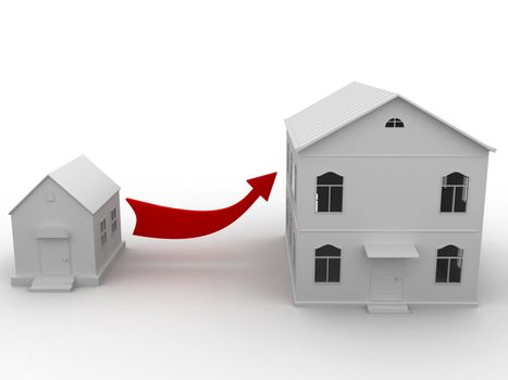 Two houses and red arrow on a white background