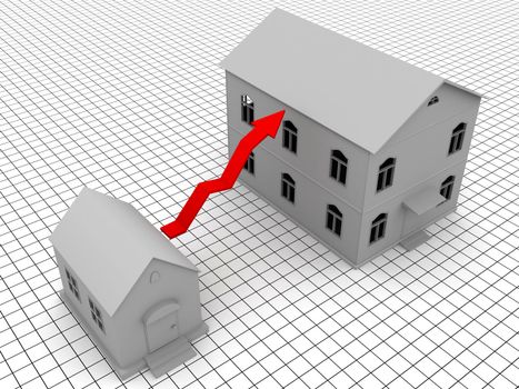 Two houses and red arrow on a white background