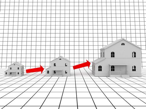 Three houses and red arrow on a white background