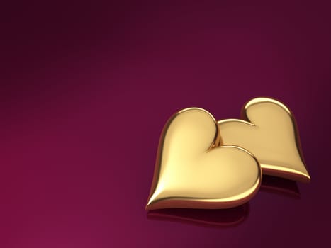 Two gold hearts on a violet background, 3d render