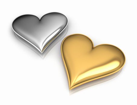 Two hearts on reflective white floor, gold and silver, 3d render