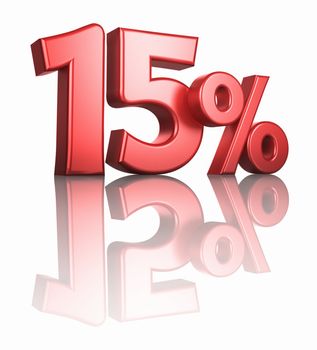 Glossy red fifteen percent on white background with mirror floor, 3d render 15%